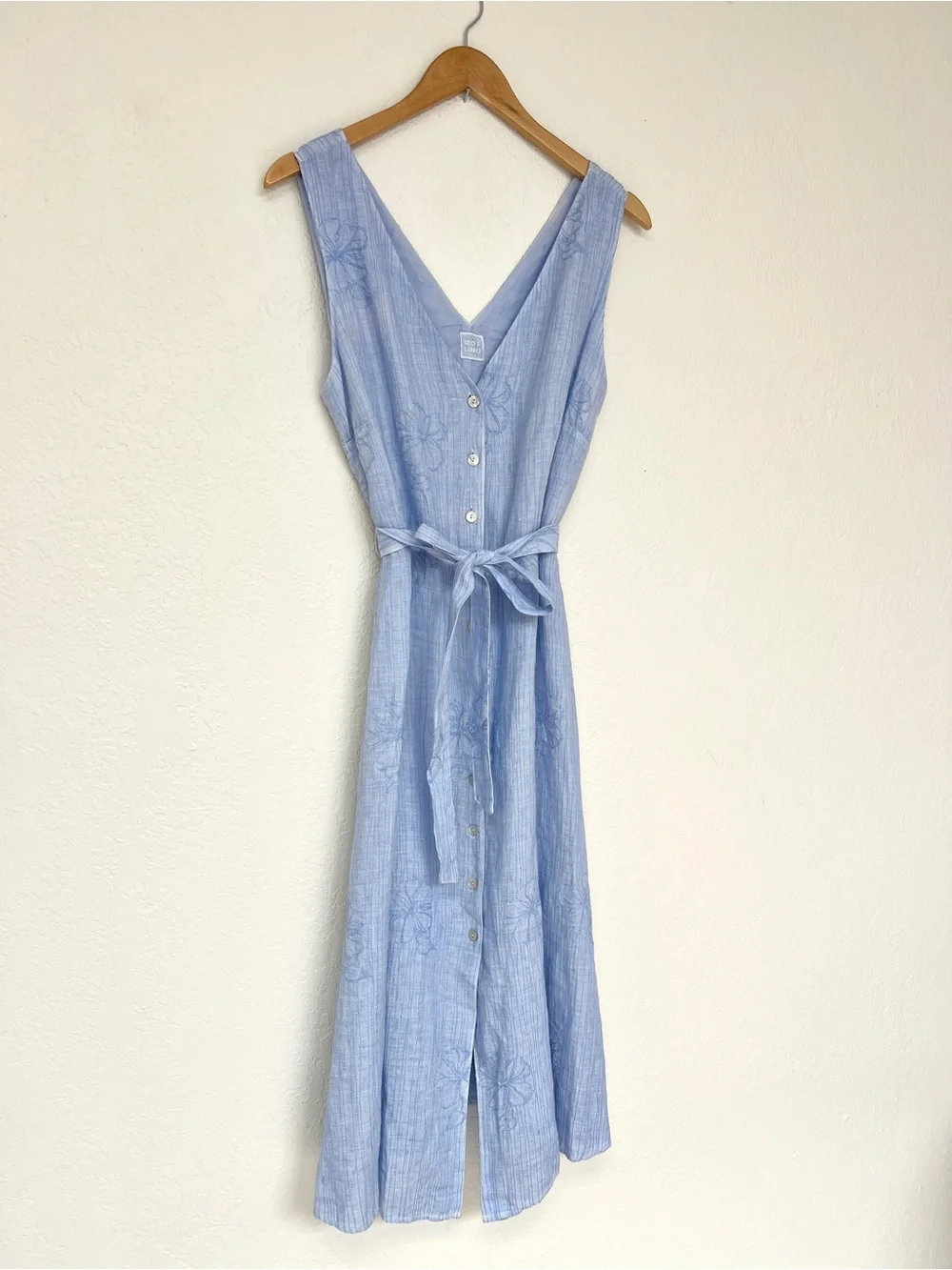 120% LINO dress / light blue V neck sleeveless belted midi / size 10 - Picture 3 of 7